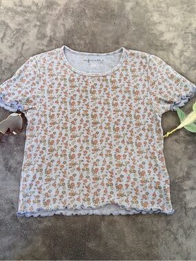 American Eagle Outfitters Light Blue Floral Ruffle-Trim Short Sleeve Top Sz M